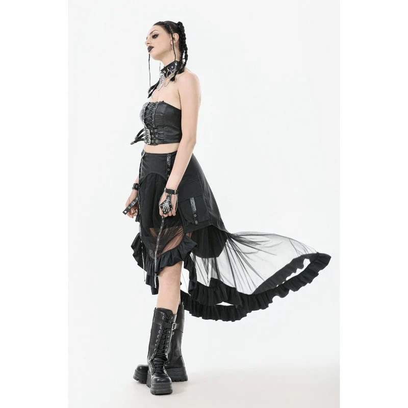Punk-Rock aus Kunstleder mit mehrlagigen Trägern und hohem/niedrigem Netzstoff für Damen