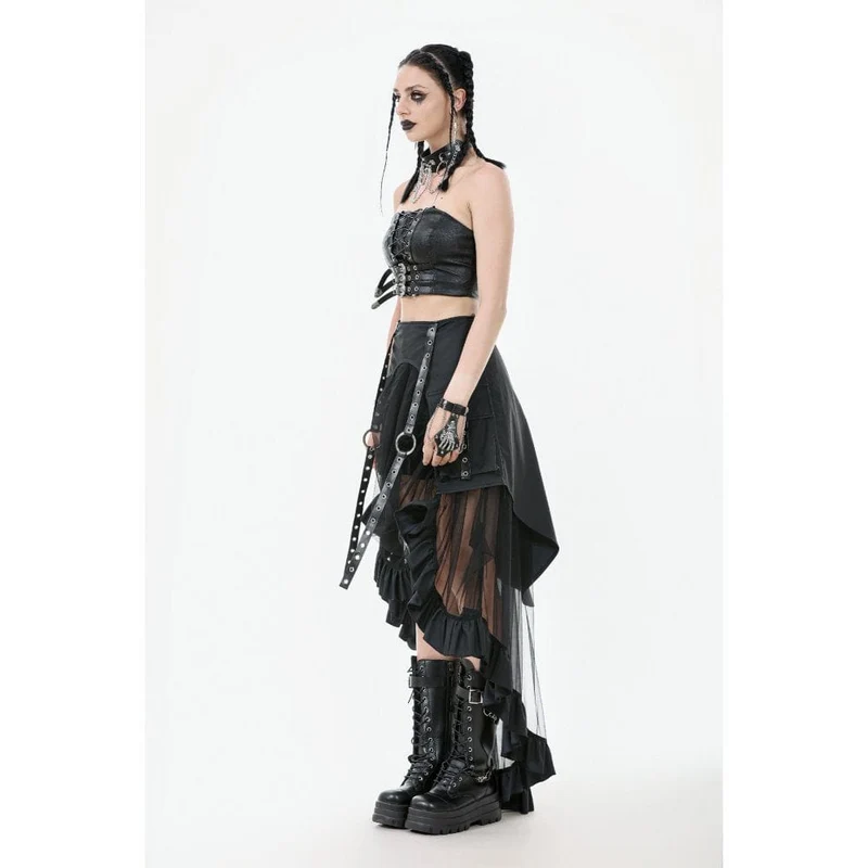 Punk-Rock aus Kunstleder mit mehrlagigen Trägern und hohem/niedrigem Netzstoff für Damen