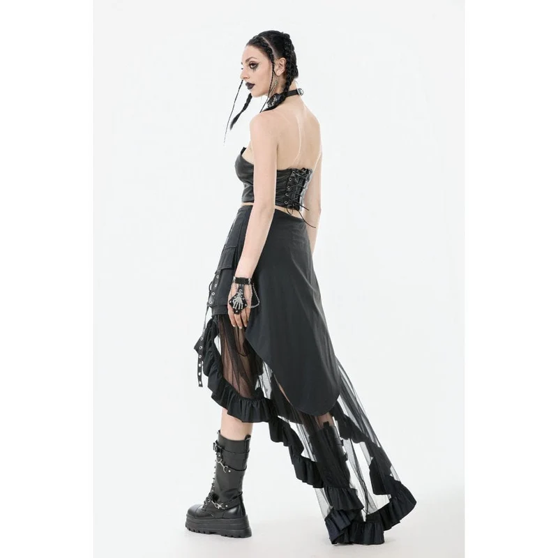 Punk-Rock aus Kunstleder mit mehrlagigen Trägern und hohem/niedrigem Netzstoff für Damen
