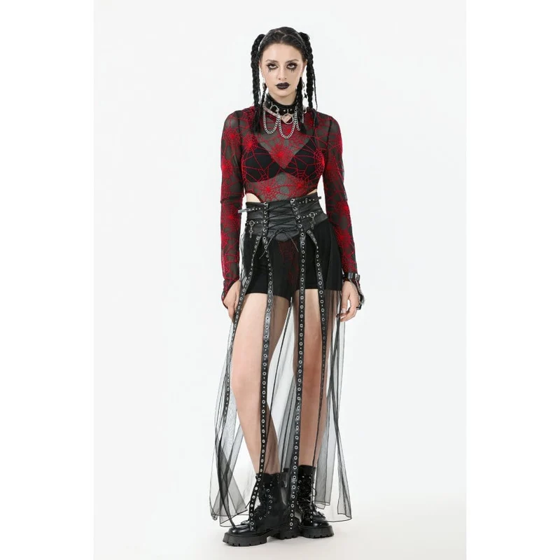 Punk-Maxirock mit hoher Taille und Trägern aus Kunstleder und transparentem Netzstoff für Damen