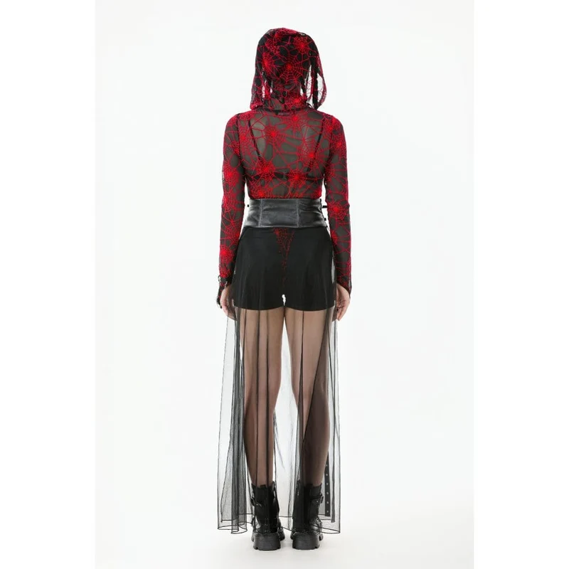 Punk-Maxirock mit hoher Taille und Trägern aus Kunstleder und transparentem Netzstoff für Damen