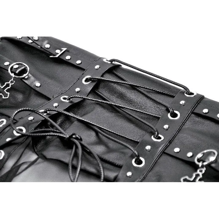 Punk-Maxirock mit hoher Taille und Trägern aus Kunstleder und transparentem Netzstoff für Damen