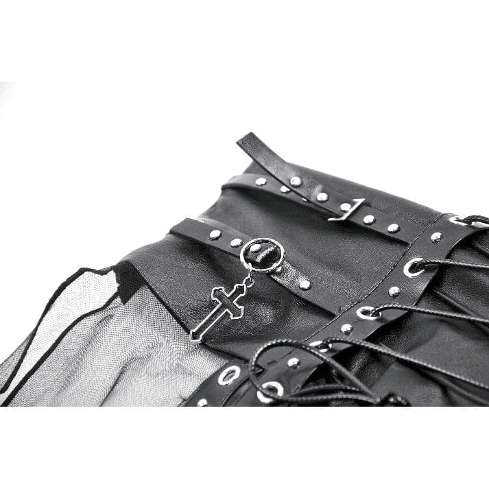 Punk-Maxirock mit hoher Taille und Trägern aus Kunstleder und transparentem Netzstoff für Damen