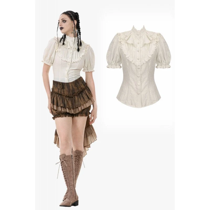 Steampunk-Kurzarmhemd mit Stehkragen und Rüschen für Damen