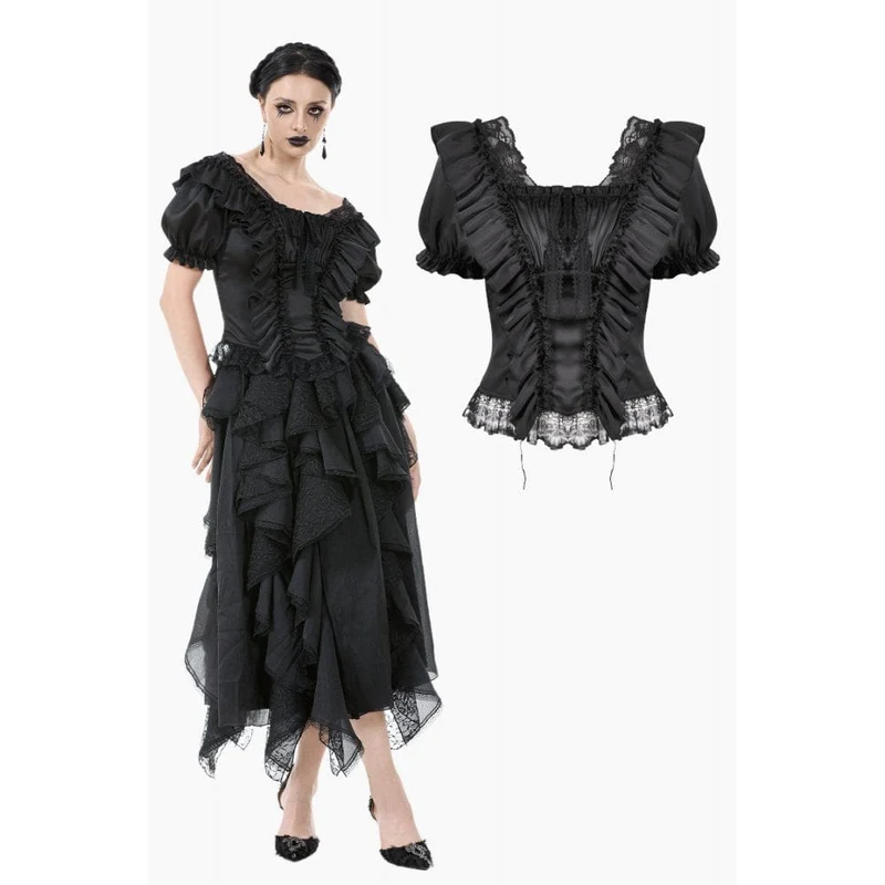 Gothic-Spitzentop mit Rüschen und quadratischem Kragen für Damen