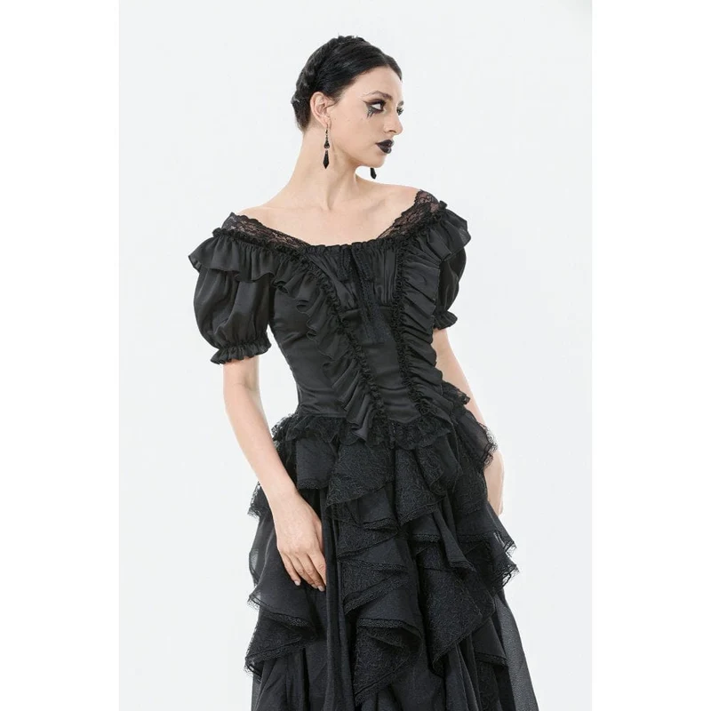 Gothic-Spitzentop mit Rüschen und quadratischem Kragen für Damen