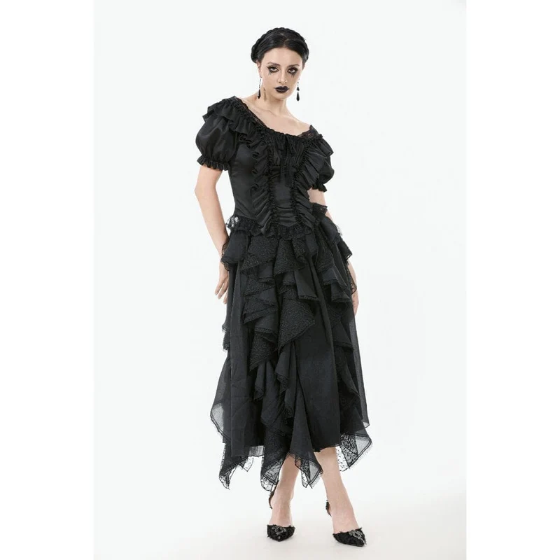 Gothic-Spitzentop mit Rüschen und quadratischem Kragen für Damen