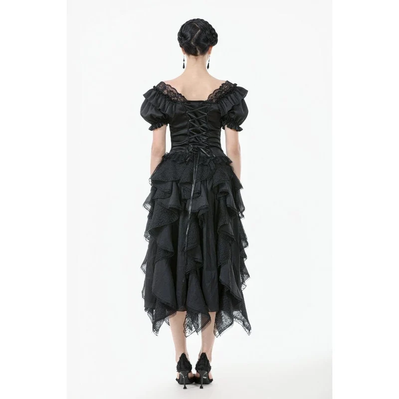 Gothic-Spitzentop mit Rüschen und quadratischem Kragen für Damen