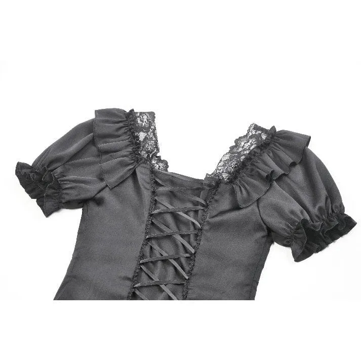 Gothic-Spitzentop mit Rüschen und quadratischem Kragen für Damen