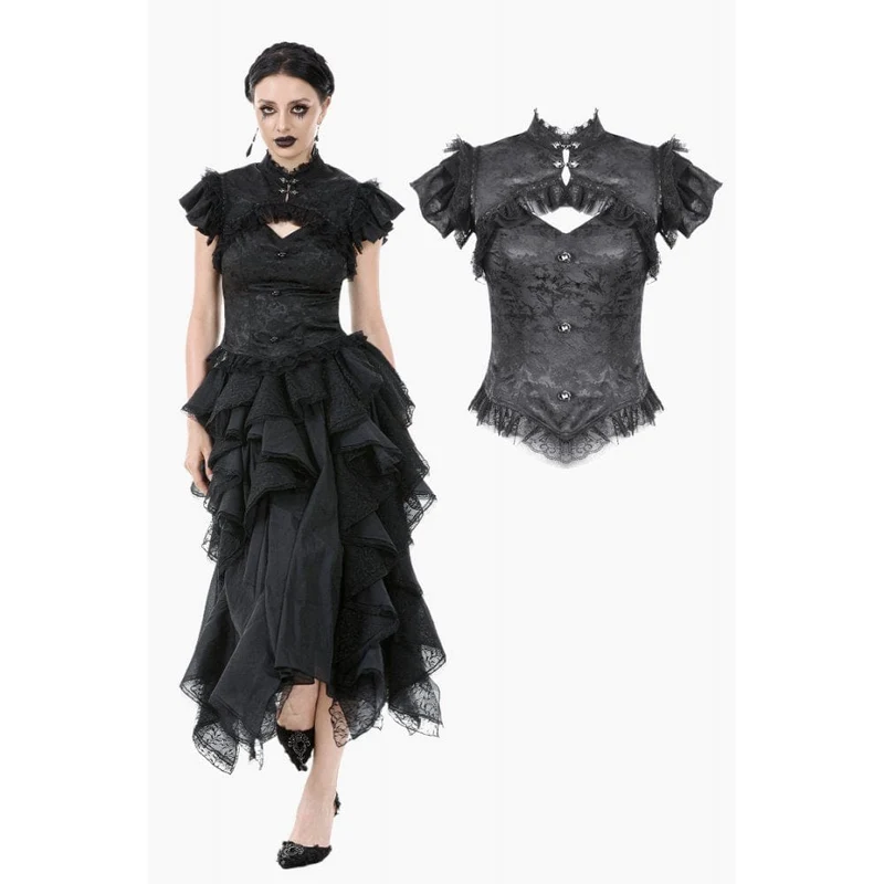 Gothic-Jacquard-Kurzarmhemd mit Cutout und Spitzenrüschen für Damen
