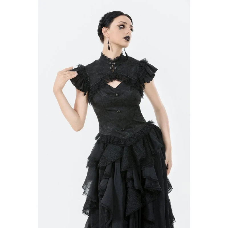 Gothic-Jacquard-Kurzarmhemd mit Cutout und Spitzenrüschen für Damen