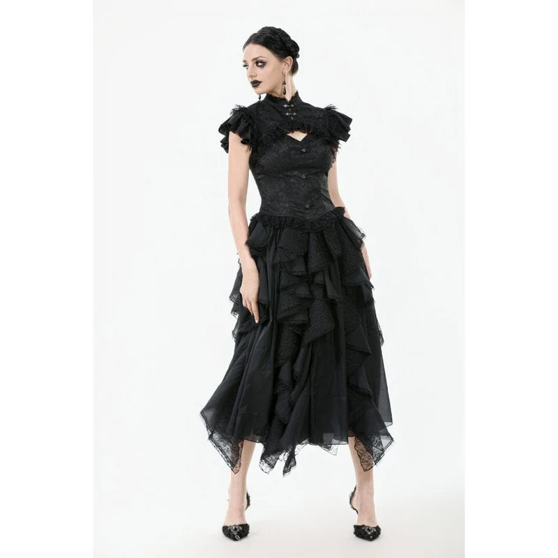 Gothic-Jacquard-Kurzarmhemd mit Cutout und Spitzenrüschen für Damen