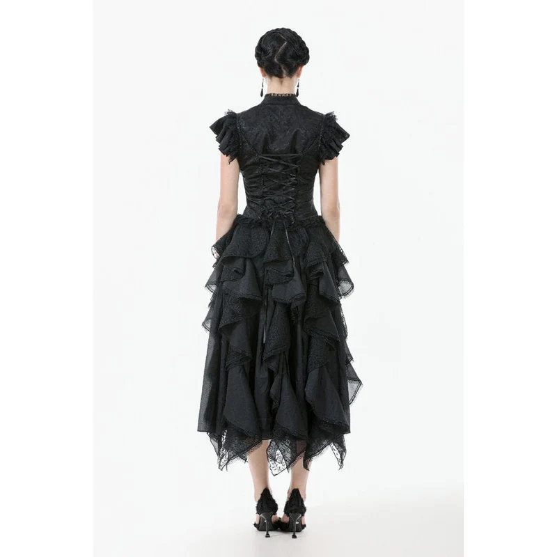 Gothic-Jacquard-Kurzarmhemd mit Cutout und Spitzenrüschen für Damen