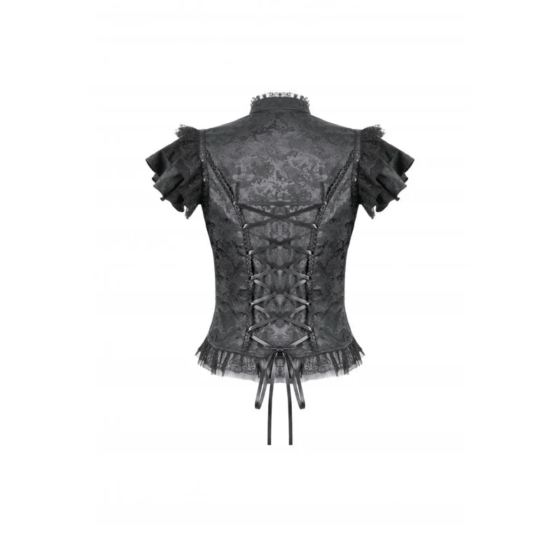 Gothic-Jacquard-Kurzarmhemd mit Cutout und Spitzenrüschen für Damen