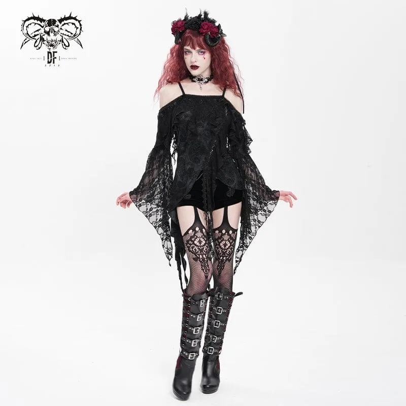 Gothic-Rüschen-Shirt mit unregelmäßigem schulterfreiem Schnitt für Damen