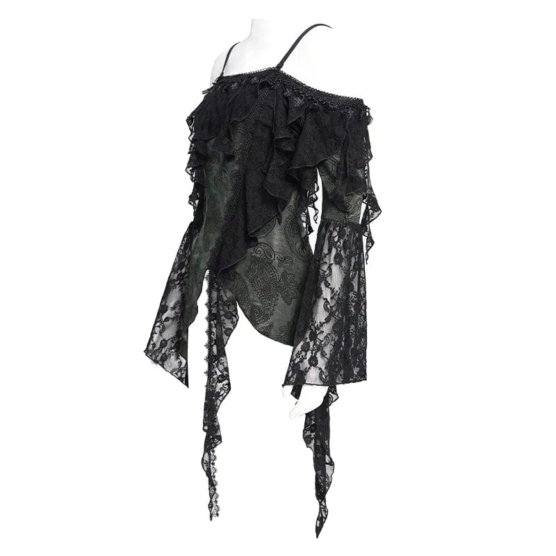 Gothic-Rüschen-Shirt mit unregelmäßigem schulterfreiem Schnitt für Damen