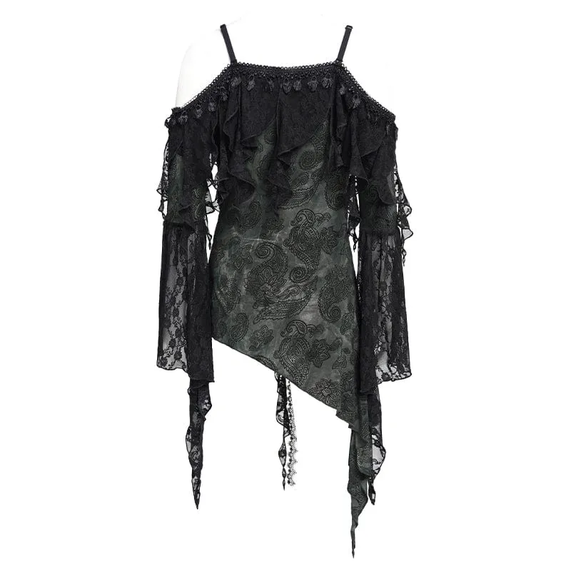 Gothic-Rüschen-Shirt mit unregelmäßigem schulterfreiem Schnitt für Damen