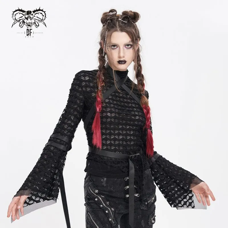 Punk-Netzhemd mit Schnallenriemen für Damen