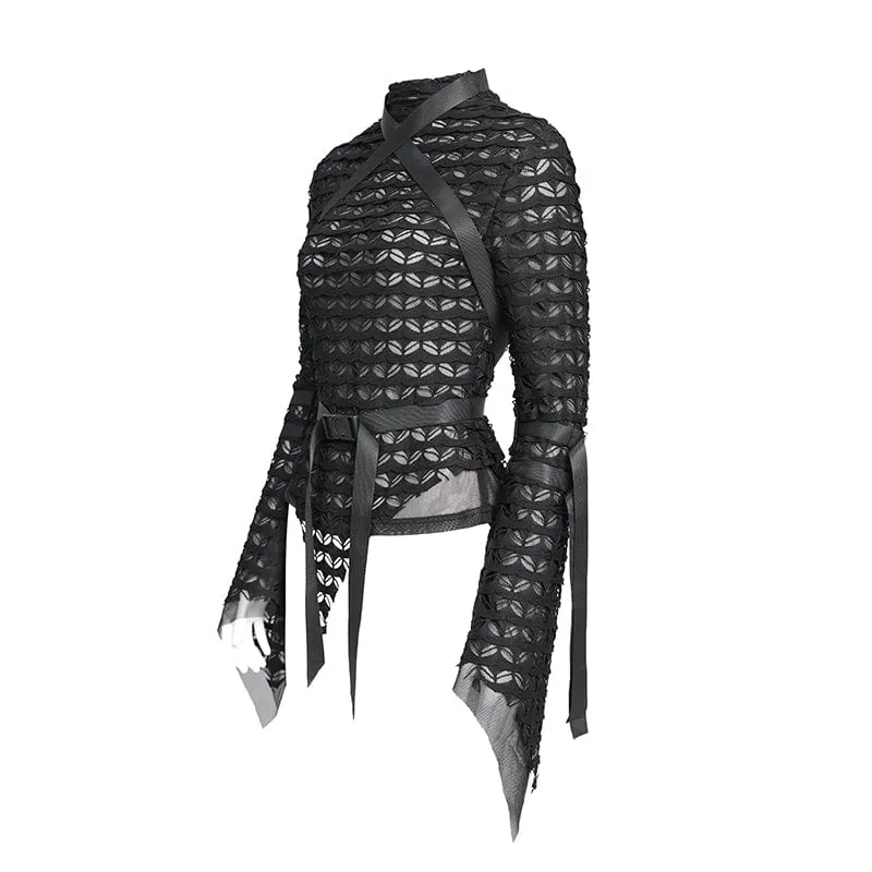 Punk-Netzhemd mit Schnallenriemen für Damen