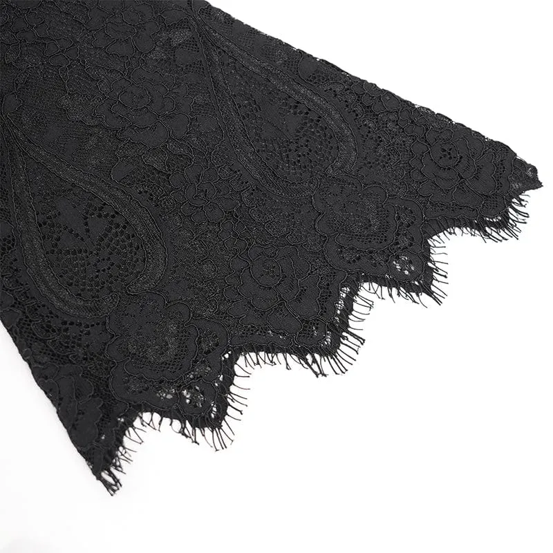Schwarzes, gotisches Damenkleid mit Blumenstickerei, Schnürung und eckigem Kragen, ideal für Abschlussfeiern.