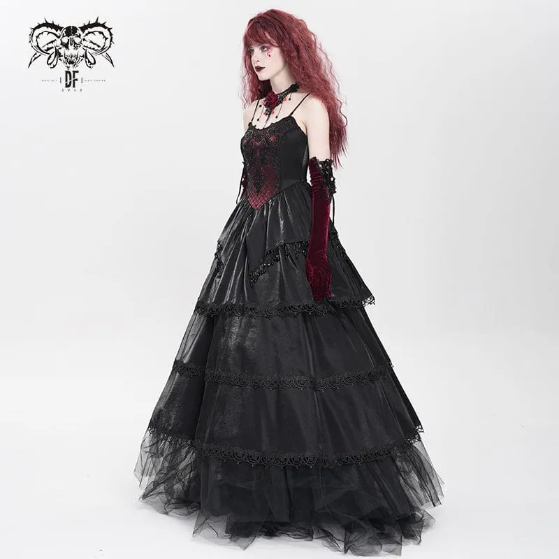 Gothic-Kleid mit Blumenstickerei und Perlen, mehrlagig, für Damen, Schwarz