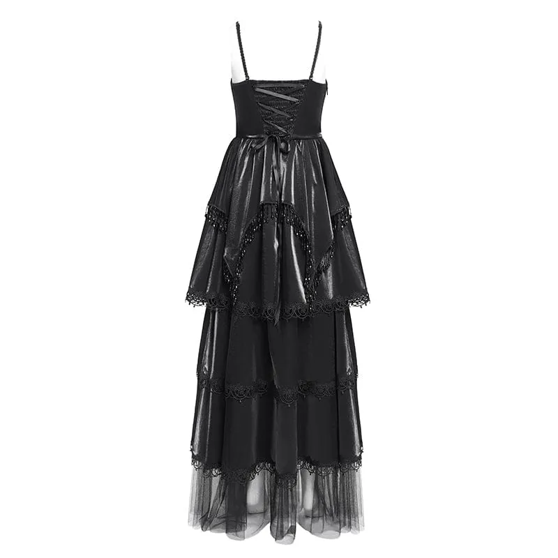 Gothic-Kleid mit Blumenstickerei und Perlen, mehrlagig, für Damen, Schwarz