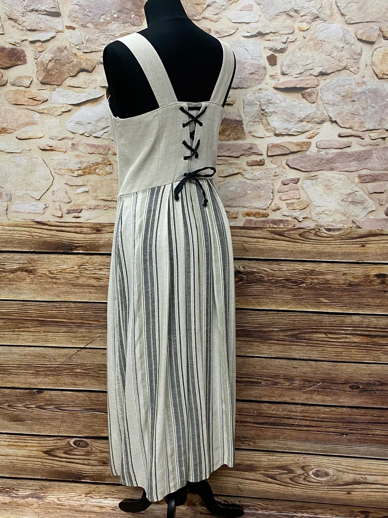 Vintage Trachtenkleid Leinen Natur Gestreift Gr. 38 – langes Landhauskleid