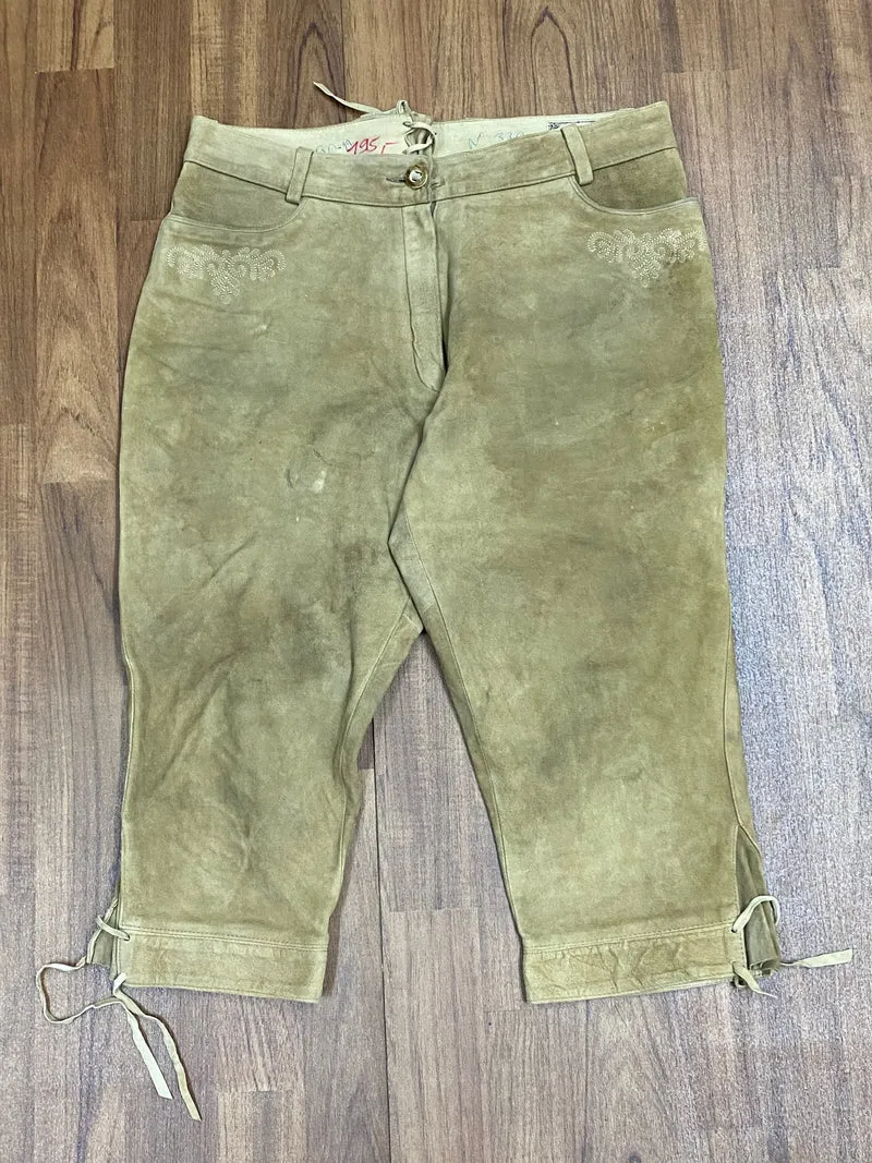 Vintage Kniebundlederhose Herren Stockerpoint Größe 46 Beige Echtleder bestickt