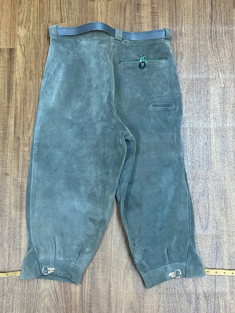 Vintage Kniebundlederhose Herren Größe 44 Graugrün Echtleder mit Gürtel