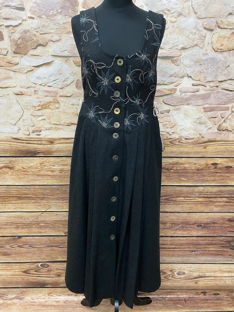 Vintage Trachtenkleid Schwarz mit Edelweiß-Stickerei – Perry – Gr. 38
