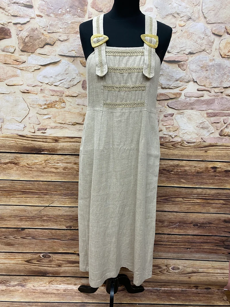 Vintage Leinenkleid Landhaus Damen Gr. 40 natur – langes Trachtenkleid aus 100% Leinen