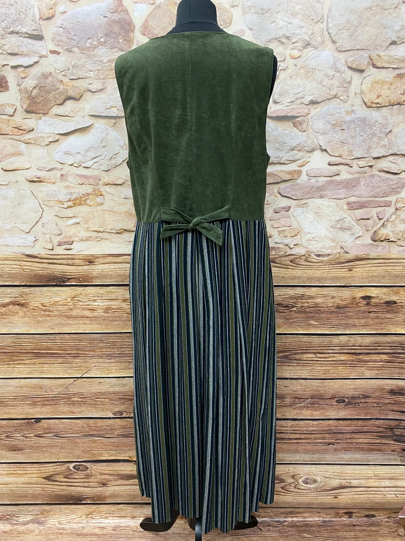 Vintage Trachtenkleid Damen Gr. 44 Dunkelgrün Gestreift – Folk Linie