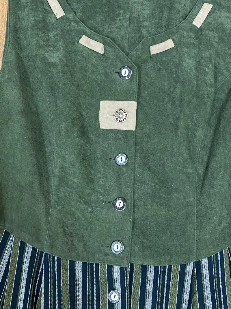 Vintage Trachtenkleid Damen Gr. 44 Dunkelgrün Gestreift – Folk Linie